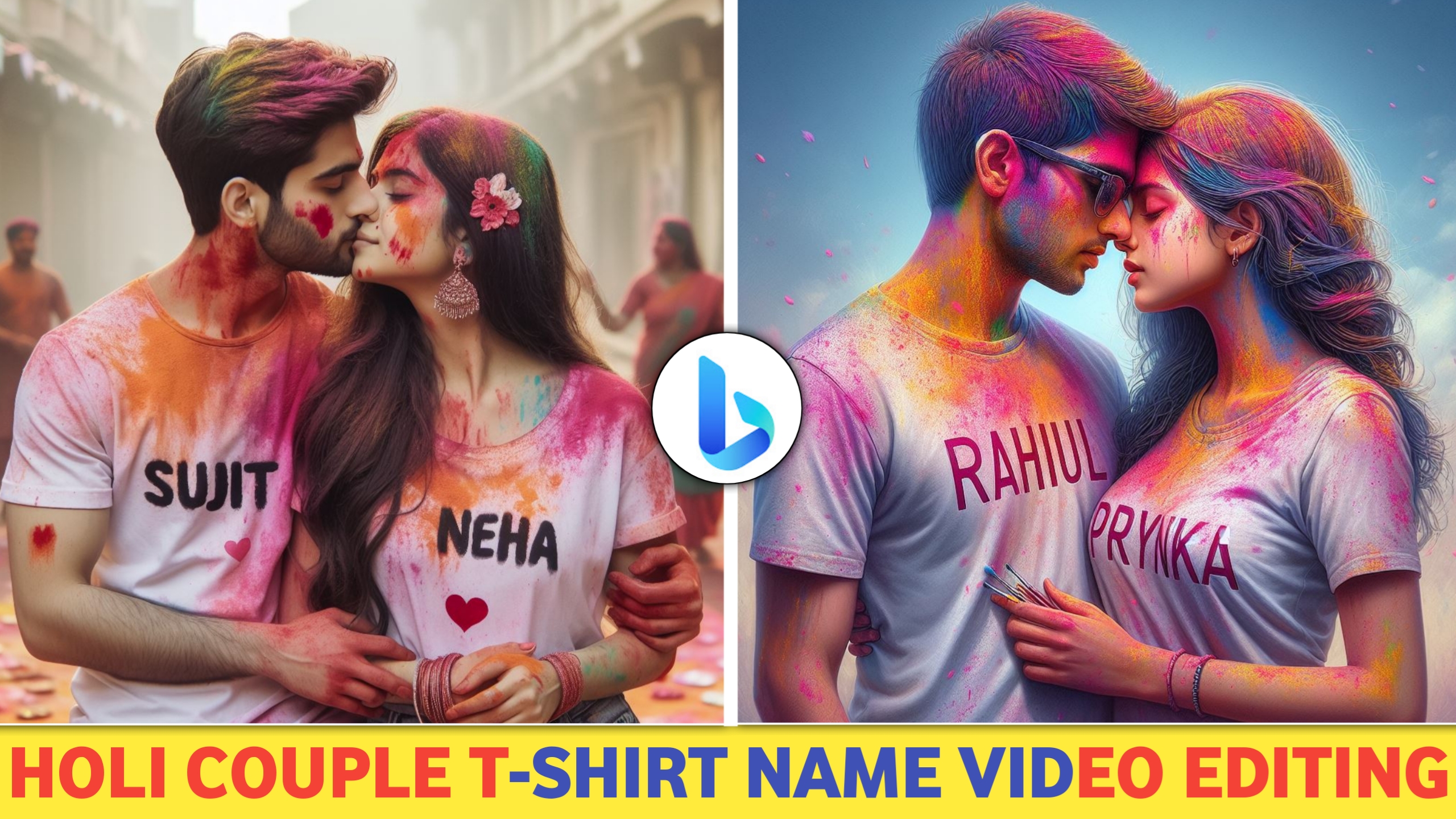Holi Couple T-Shirt Name Ai Photo Editing
